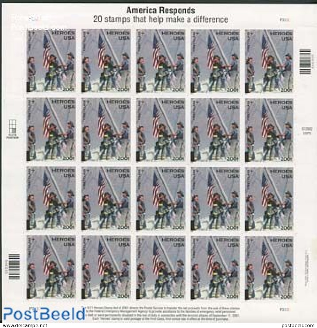 United States Of America 2002 Heroes Sheet, Mint NH, Transport - Fire Fighters & Prevention - Neufs