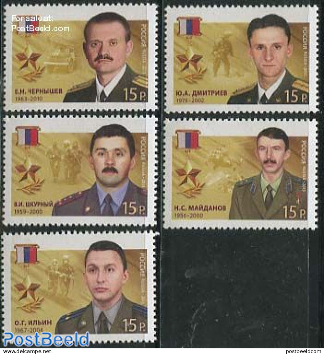 Russia 2013 Heroes 5v, Mint NH, History - Transport - Decorations - Militarism - Automobiles - Helicopters - Militares