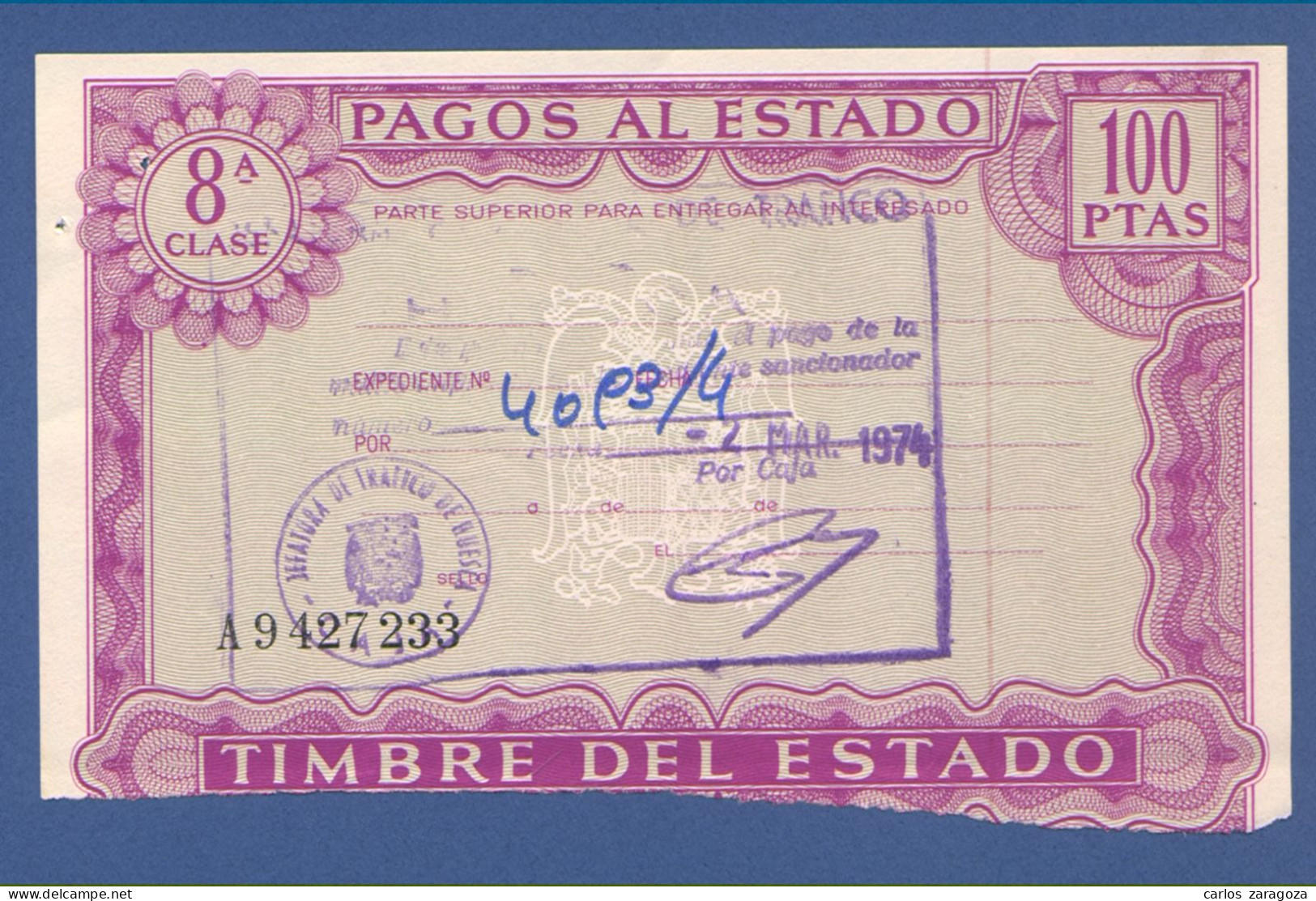 Año 1974—PAGOS AL ESTADO—Timbre 100 Pts 8a Clase. Marca De Agua: AGUILA — Timbrología - Fiscales