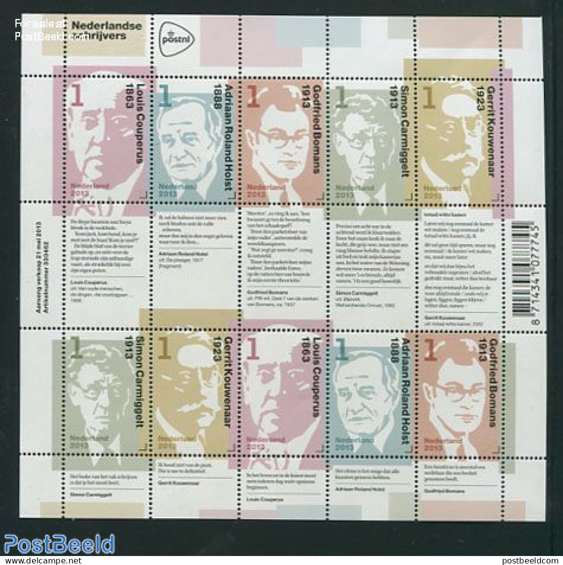 Netherlands 2013 Authors M/s, Mint NH, Sport - Chess - Art - Authors - Unused Stamps