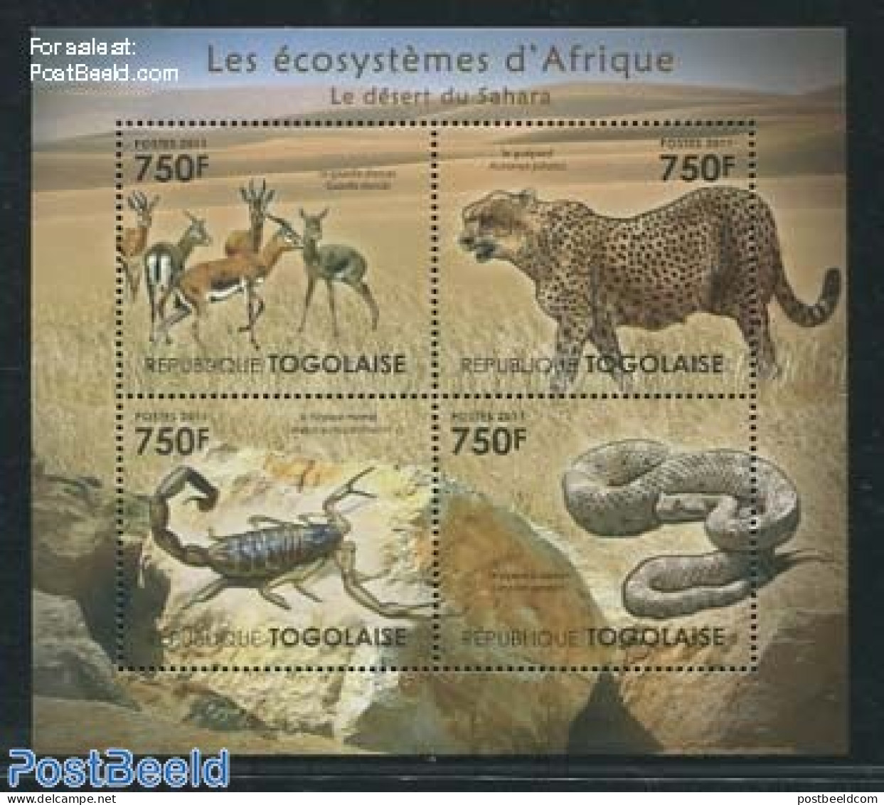 Togo 2011 African Eco Systems, Sahara 4v M/s, Mint NH, Nature - Animals (others & Mixed) - Cat Family - Snakes - Togo (1960-...)
