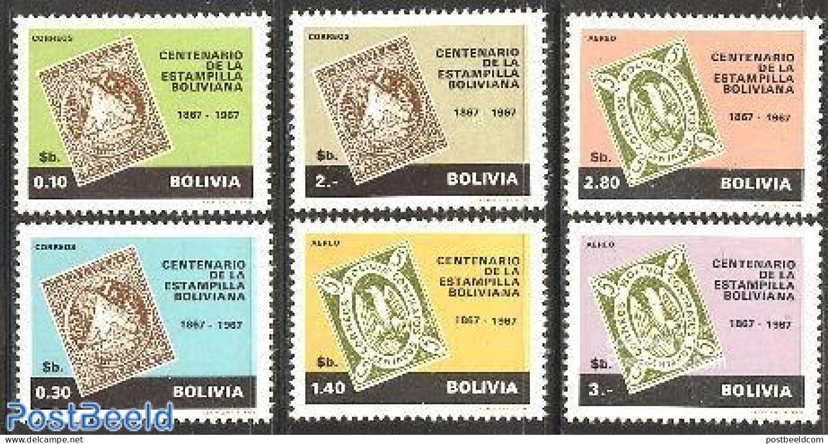 Bolivia 1968 Stamp Centenary 6v, Mint NH, 100 Years Stamps - Stamps On Stamps - Francobolli Su Francobolli