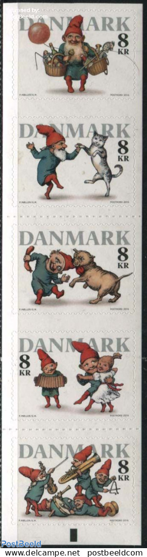 Denmark 2016 Gnomes 5v S-a On Foil Booklet, Mint NH, Nature - Performance Art - Cats - Dogs - Music - Musical Instrume.. - Nuevos