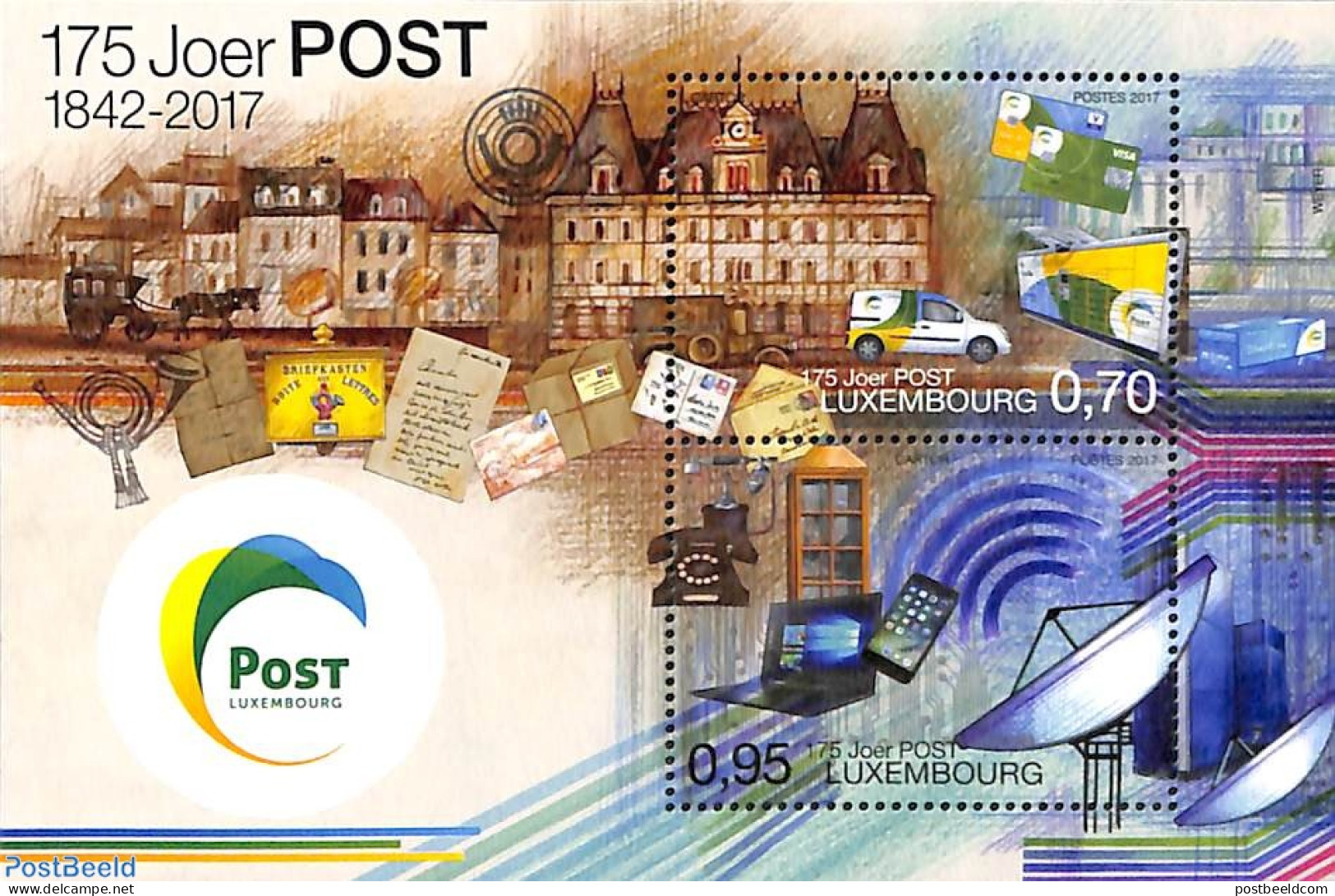 Luxemburg 2017 175 Years Post S/s, Mint NH, Science - Transport - Telecommunication - Telephones - Post - Automobiles - Ungebraucht