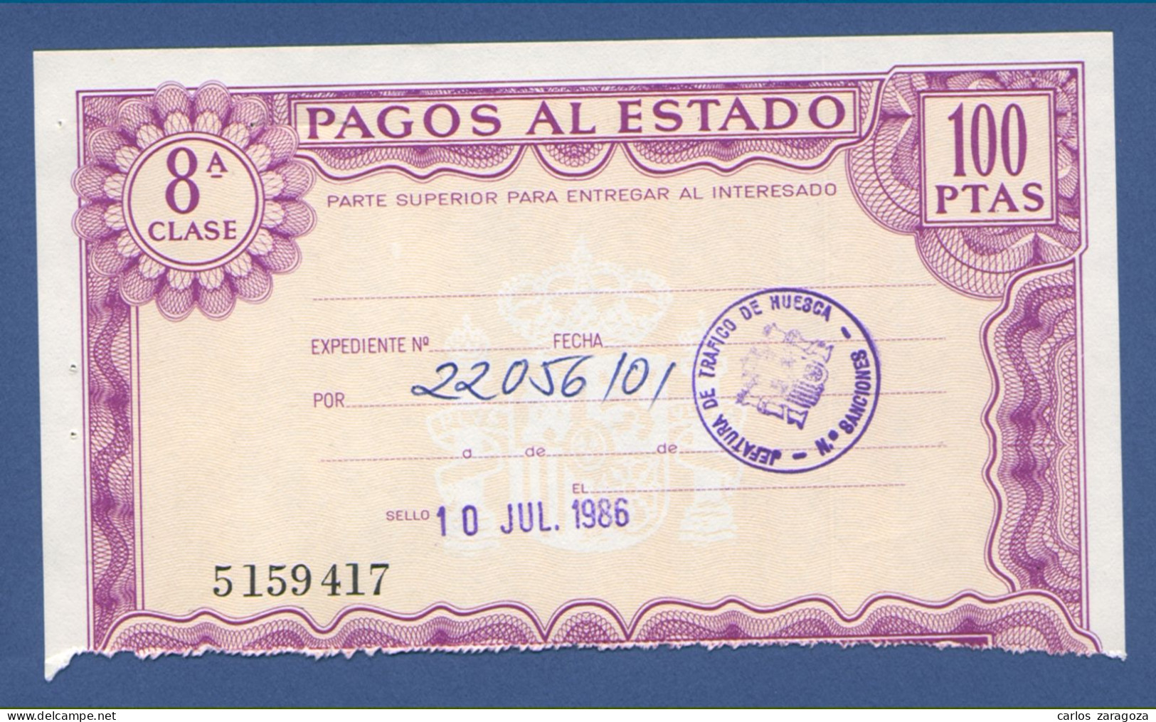 Año 1986—PAGOS AL ESTADO—Timbre 100 Pts 8a Clase. Sello Monarquía—Sin Marca De Agua—Timbrología - Revenue Stamps