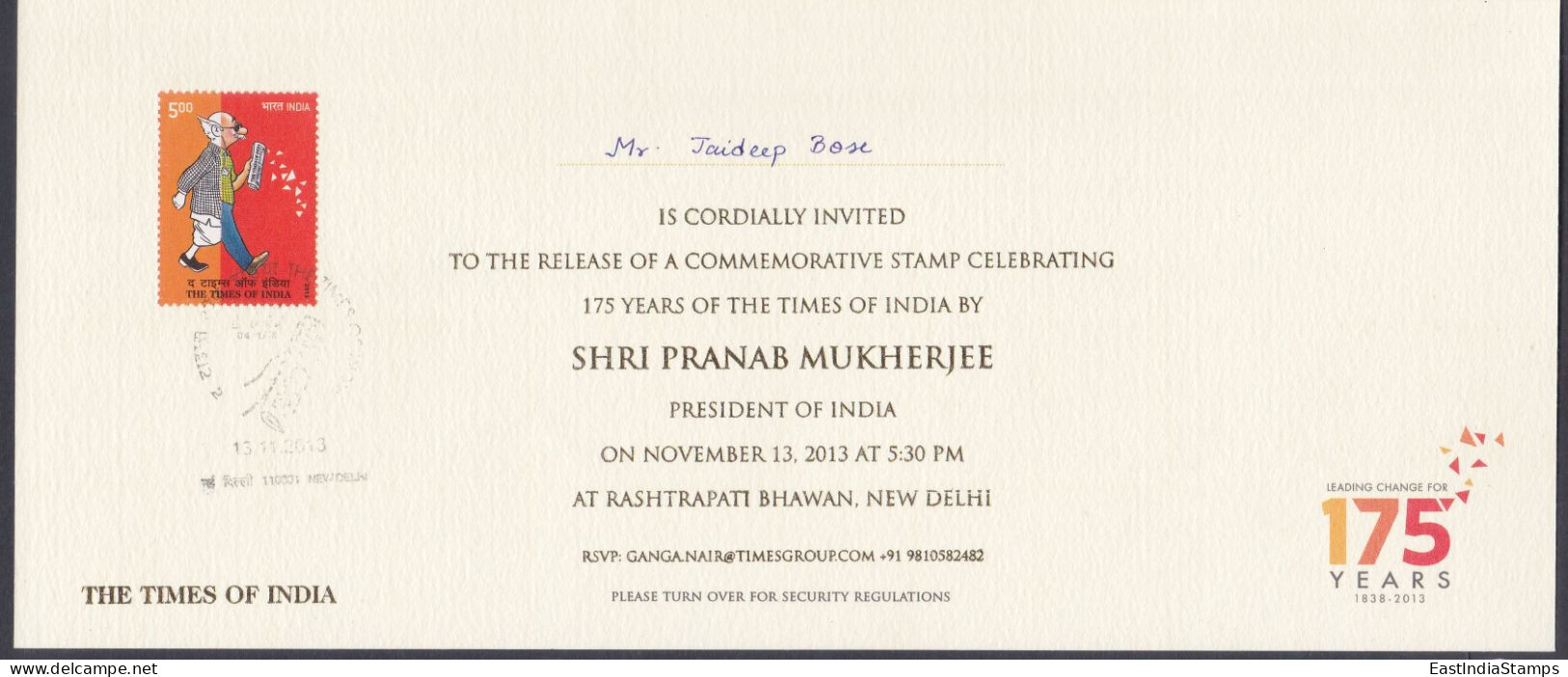 Inde India 2013 FDC Times Of India, Newspaper, News, Journalism, Journalist, Cartoon, Release Invitation, President - Briefe U. Dokumente