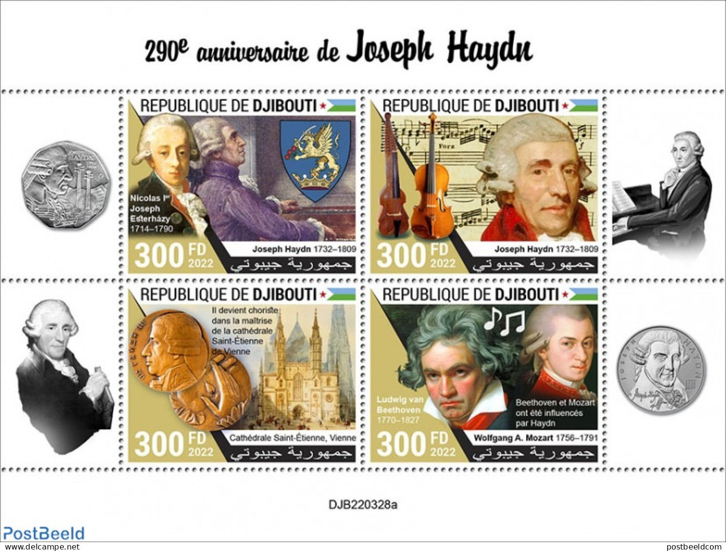 Djibouti 2022 290th Anniversary Of Joseph Haydn, Mint NH, Performance Art - Music - Musical Instruments - Art - Compos.. - Music