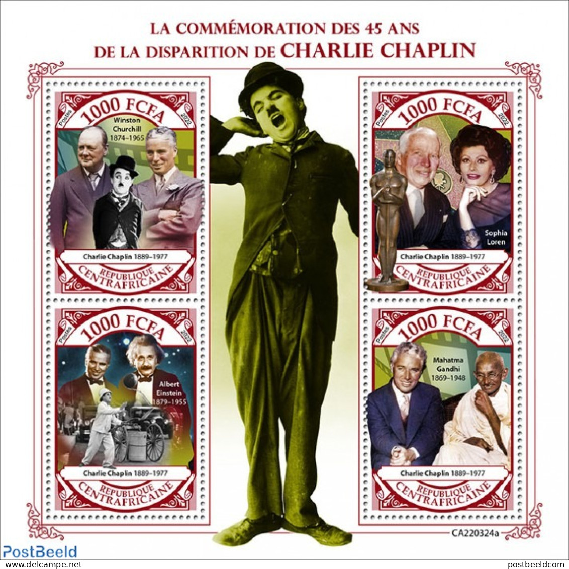 Central Africa 2022 45th Memorial Anniversary Of Charlie Chaplin, Mint NH, Performance Art - Movie Stars - Actors