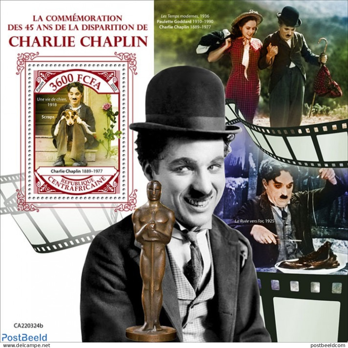 Central Africa 2022 45th Memorial Anniversary Of Charlie Chaplin, Mint NH, Performance Art - Movie Stars - Attori