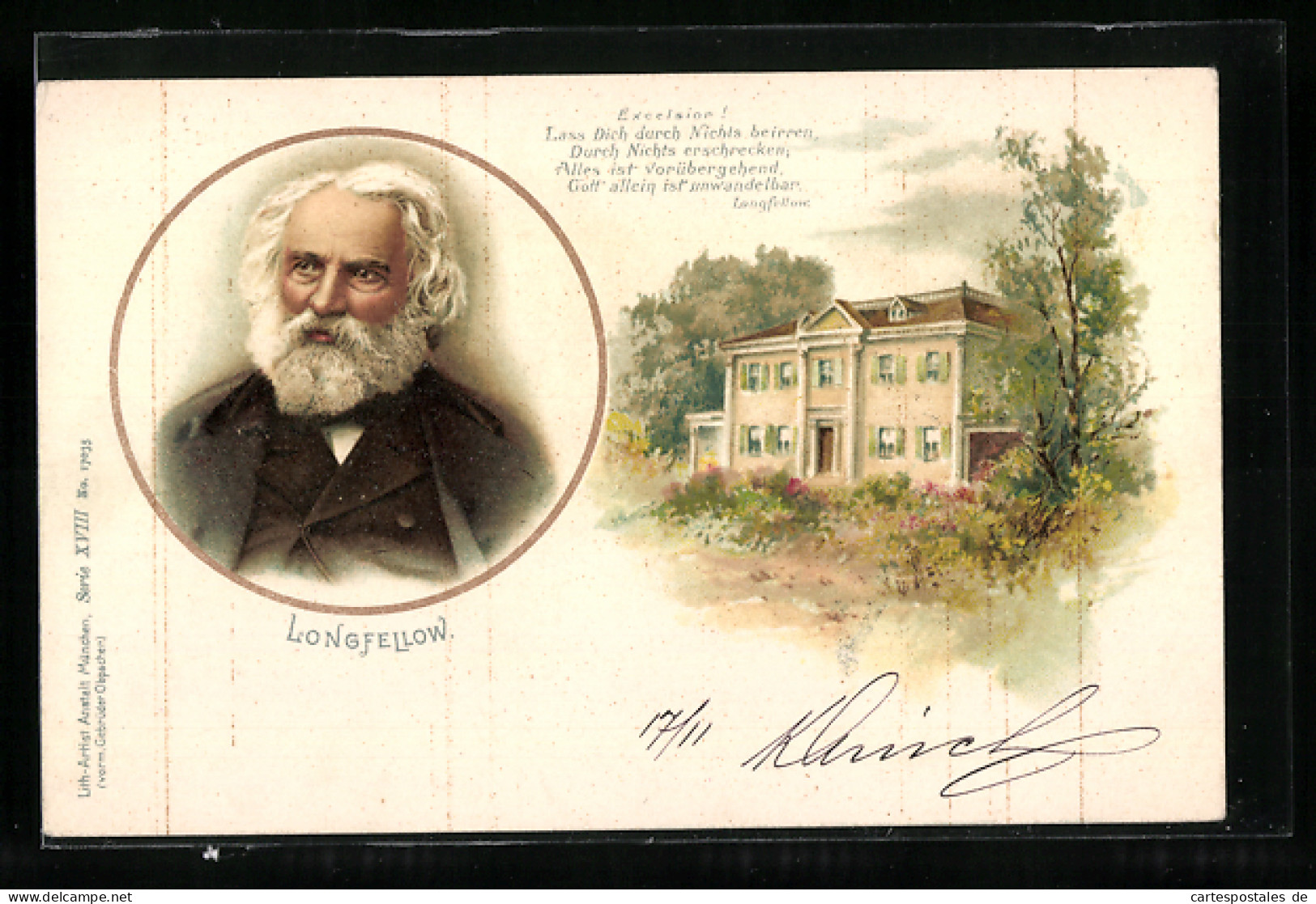 Lithographie Proträt Longfellow Mit Wohnhaus Und Spruch  - Scrittori