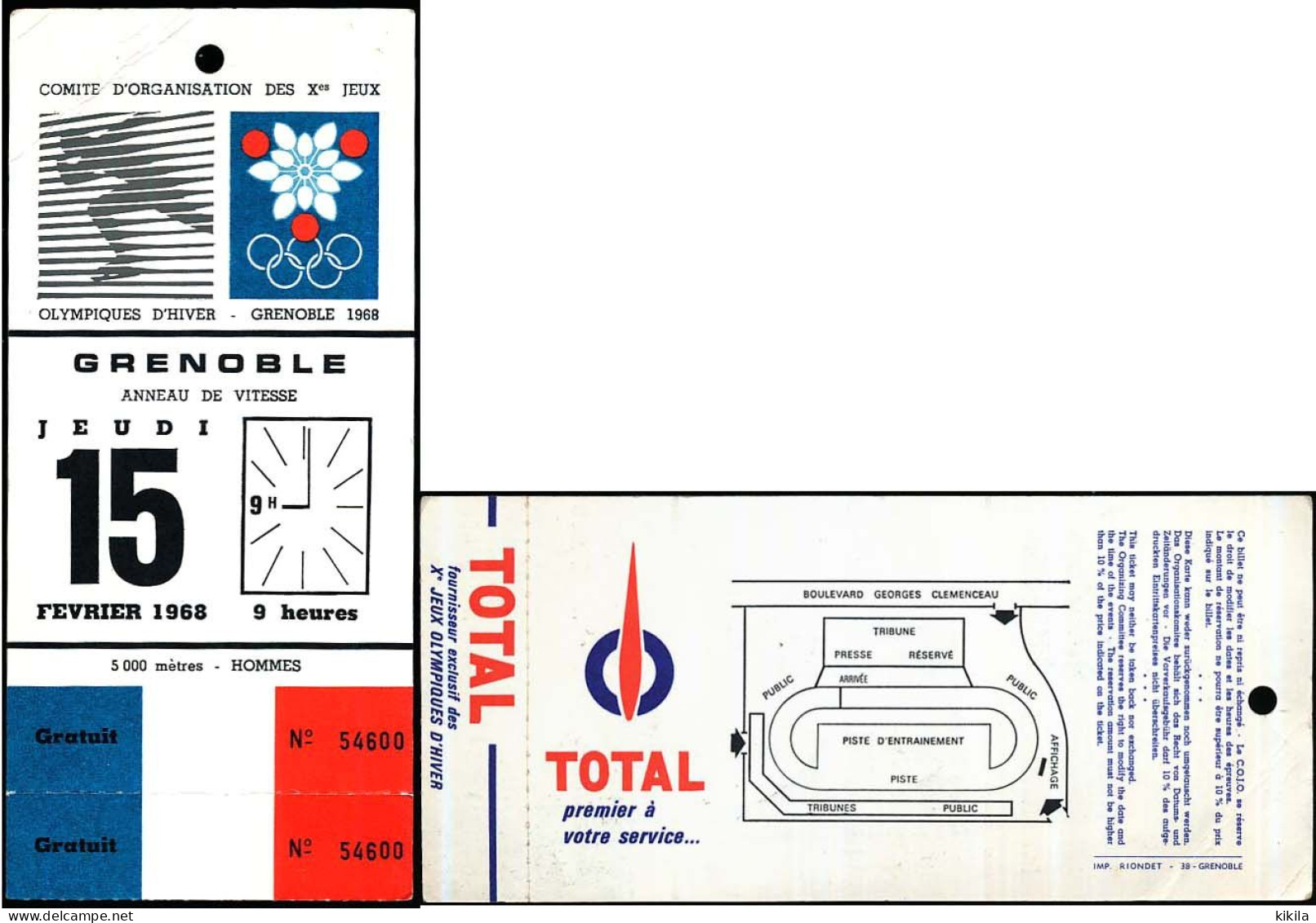 Billet Entrée 15 Février 1968 Jeux Olympiques D'hiver GRENOBLE Olympic Games Winter 68 Patinage De Vitesse  5000m Hommes - Tickets D'entrée