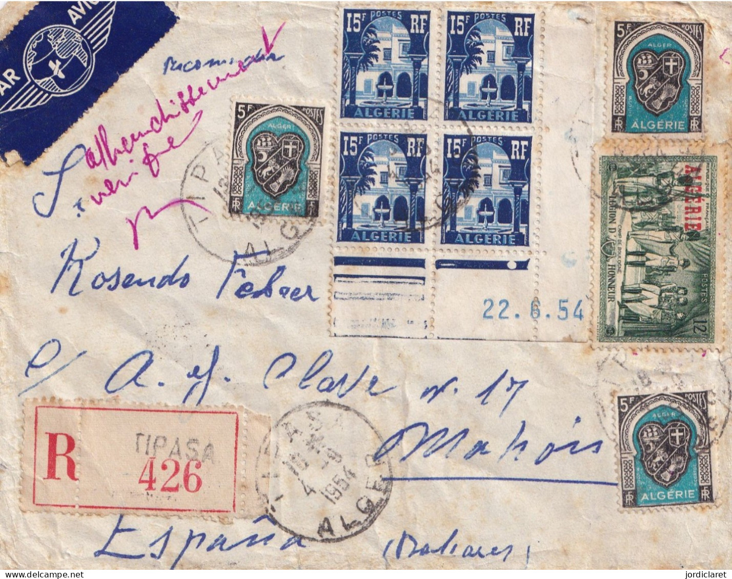 LETTRE 1954 RECOMANDEE TIPASA - Storia Postale