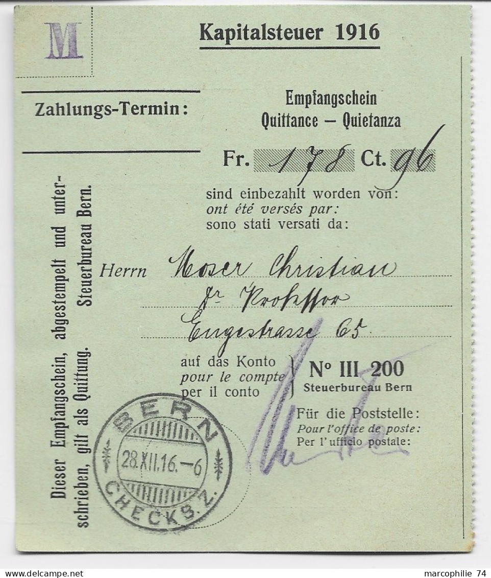 HELVETIA SUISSE TALON QUITTANCE BERN CHECKS 28.XII.1916 - Postmarks