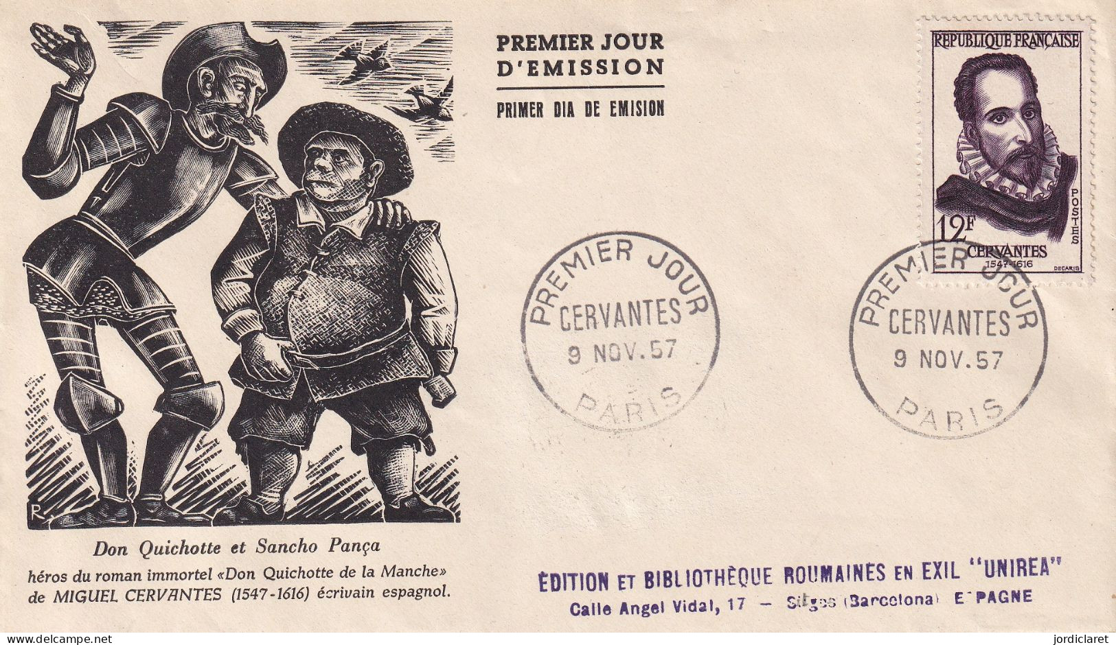 FDC FRANCIA  1957  CERVANTES - Scrittori