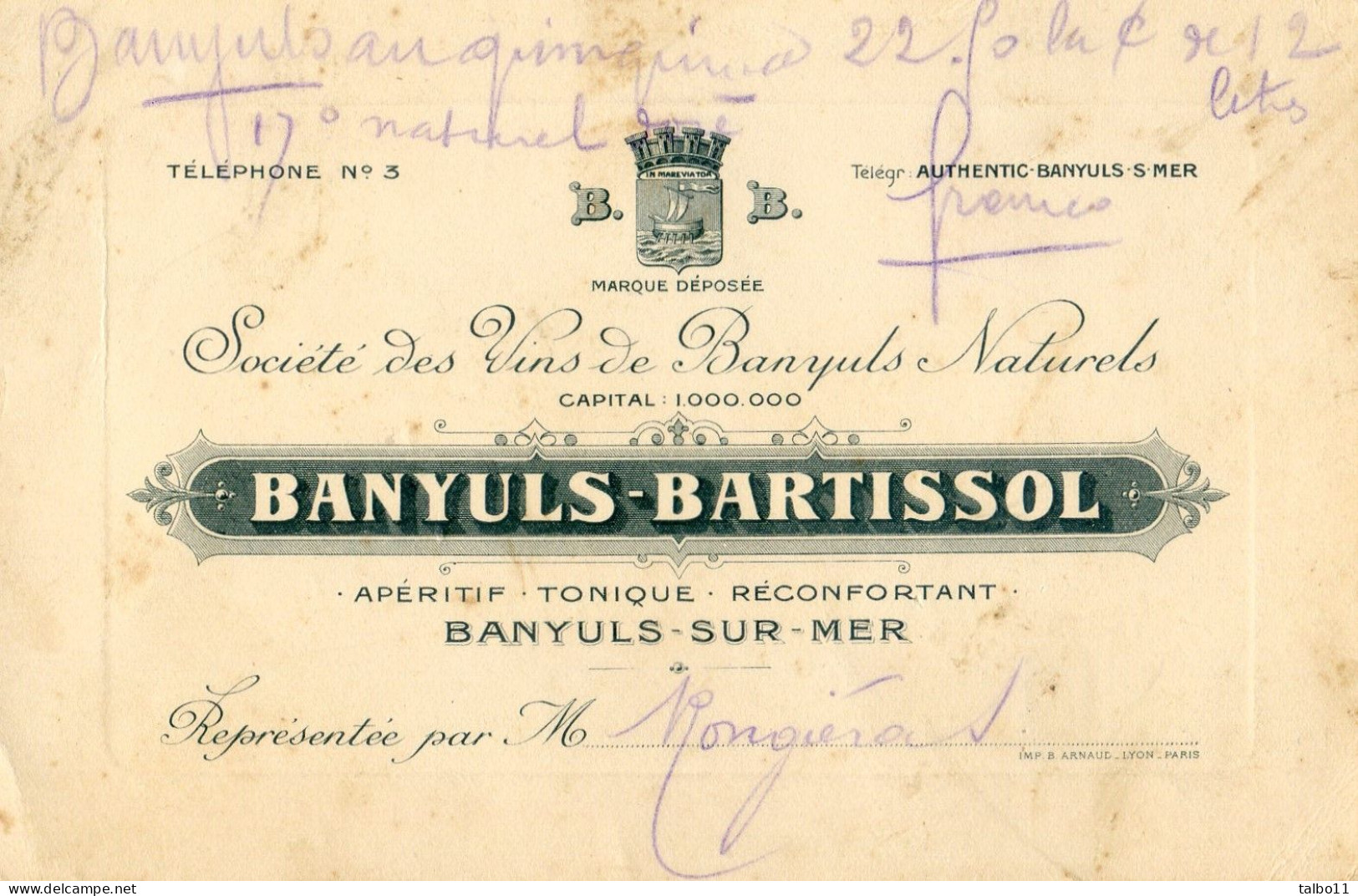 66 - Banyls Sur Mer -Bartissol - Carte De Visite D'un Représentant - Banyuls Sur Mer