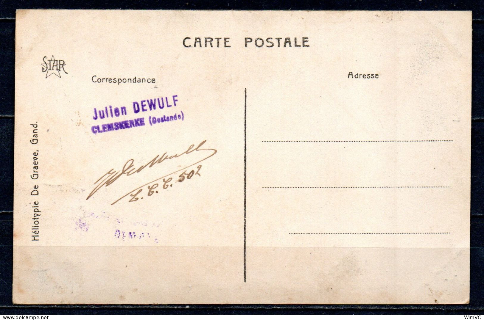 109 Op Postkaart (niet Gelopen) Gestempeld (sterstempel) CLEMSKERKE - COBA 15 Euro - 1912 Pellens