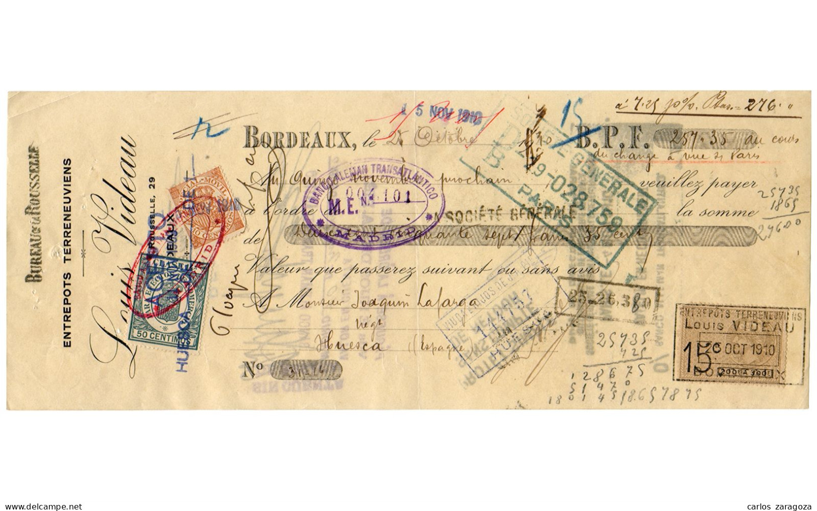 1910 LETRA DE CAMBIO Con Timbres Fiscales De España Y Francia Para Efectos De Comercio. Bordeaux Y Huesca - Bills Of Exchange
