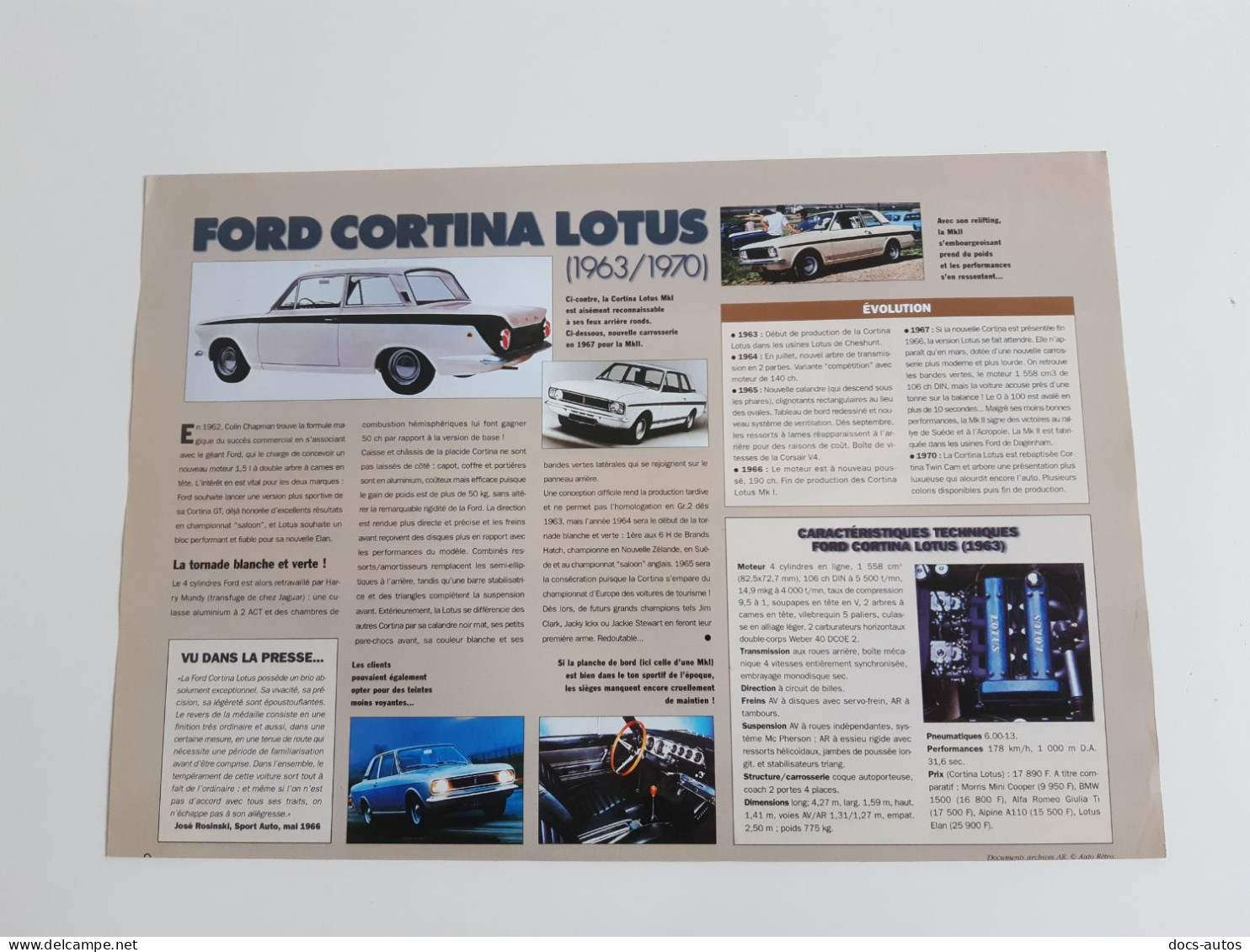 Fiche Technique Automobile Ford Cortina Lotus - KFZ