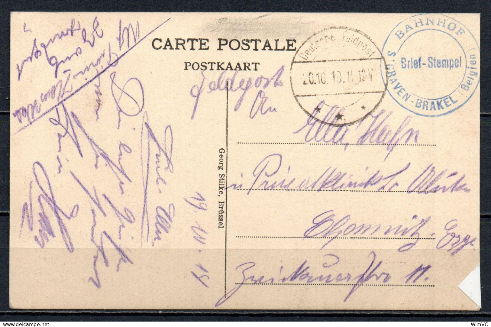 Feldpostkarte Braine Le Comte Met Stempel Deutsche Feldpost + Bahnhof 's Graven - Brakel  - 20.10.18 - Army: German