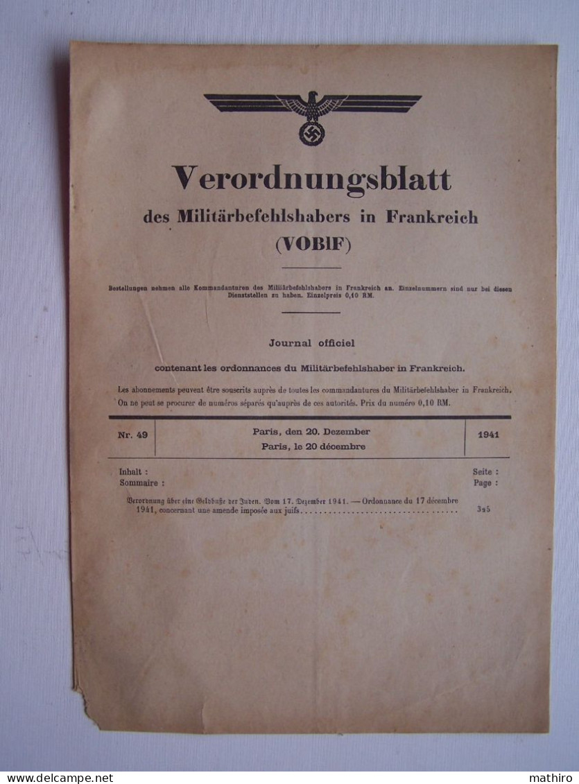 Verordnungsblatt  -Journal Officiel Des Ordonnances Du Militärbefehlshaber - 17 Décembre 1941- Amende Imposée Aux Juifs- - Gesetze & Erlasse