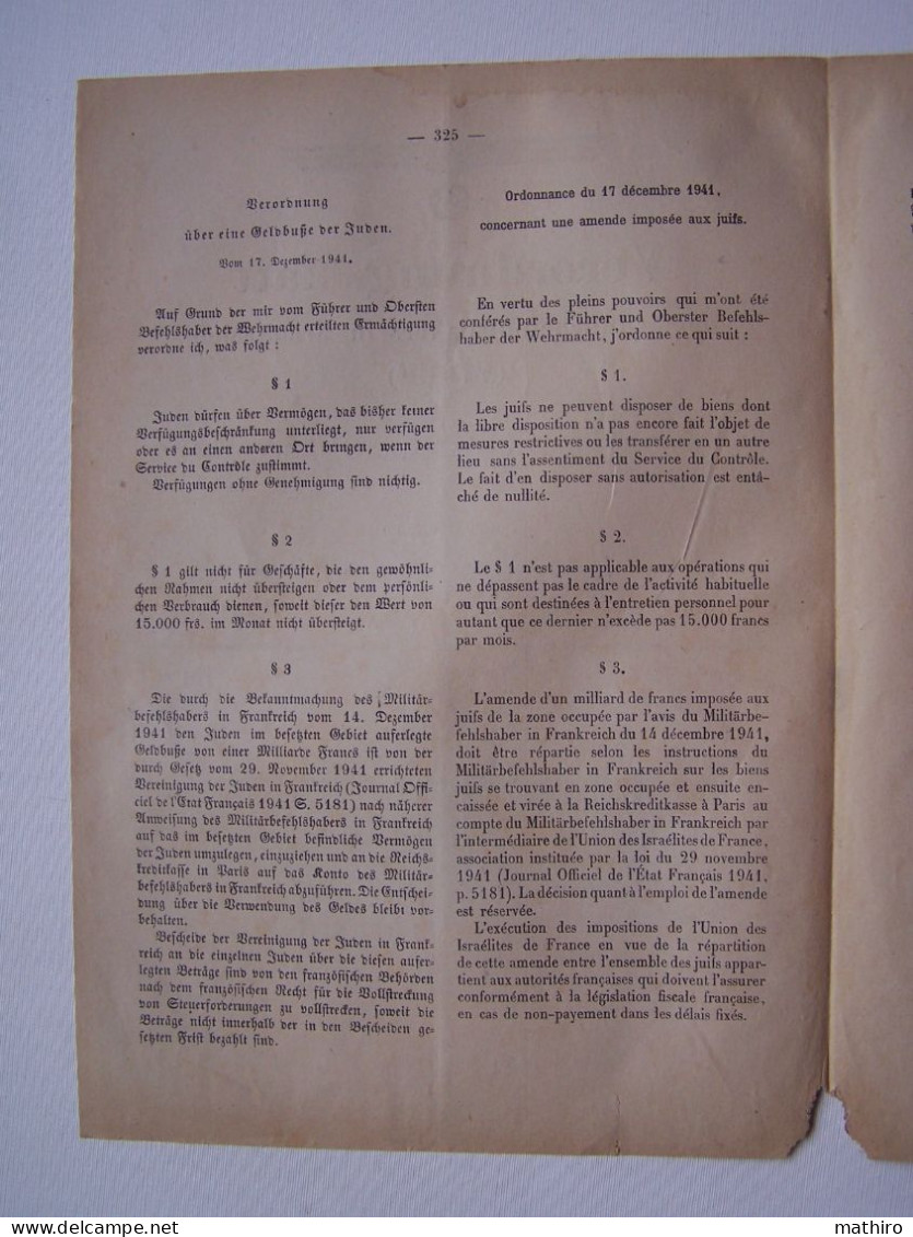 Verordnungsblatt  -Journal Officiel Des Ordonnances Du Militärbefehlshaber - 17 Décembre 1941- Amende Imposée Aux Juifs- - Gesetze & Erlasse