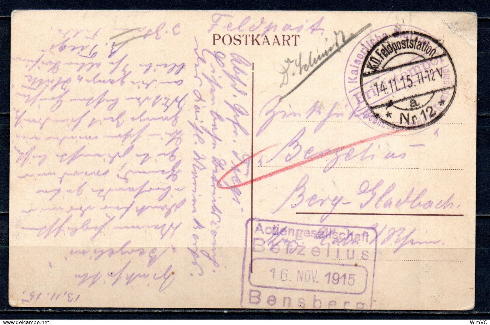 Feldpostkarte Oostende Met Stempel K D Feldpoststation Nr 12 + Marine + Actiengesellschaft Berzelius-Bensberg - 16.11.15 - Armée Allemande