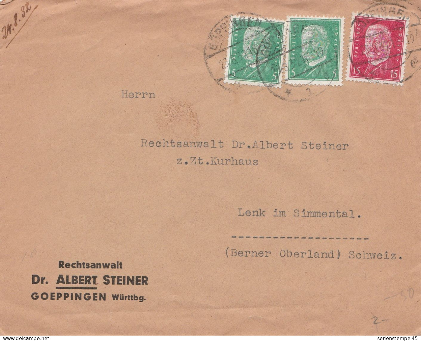 Deutsches Reich Firmen Brief Göppingen 1932 Rechtsanwalt Dr Albert Steiner Nach Lenk Im Simmental Schweiz - Covers & Documents