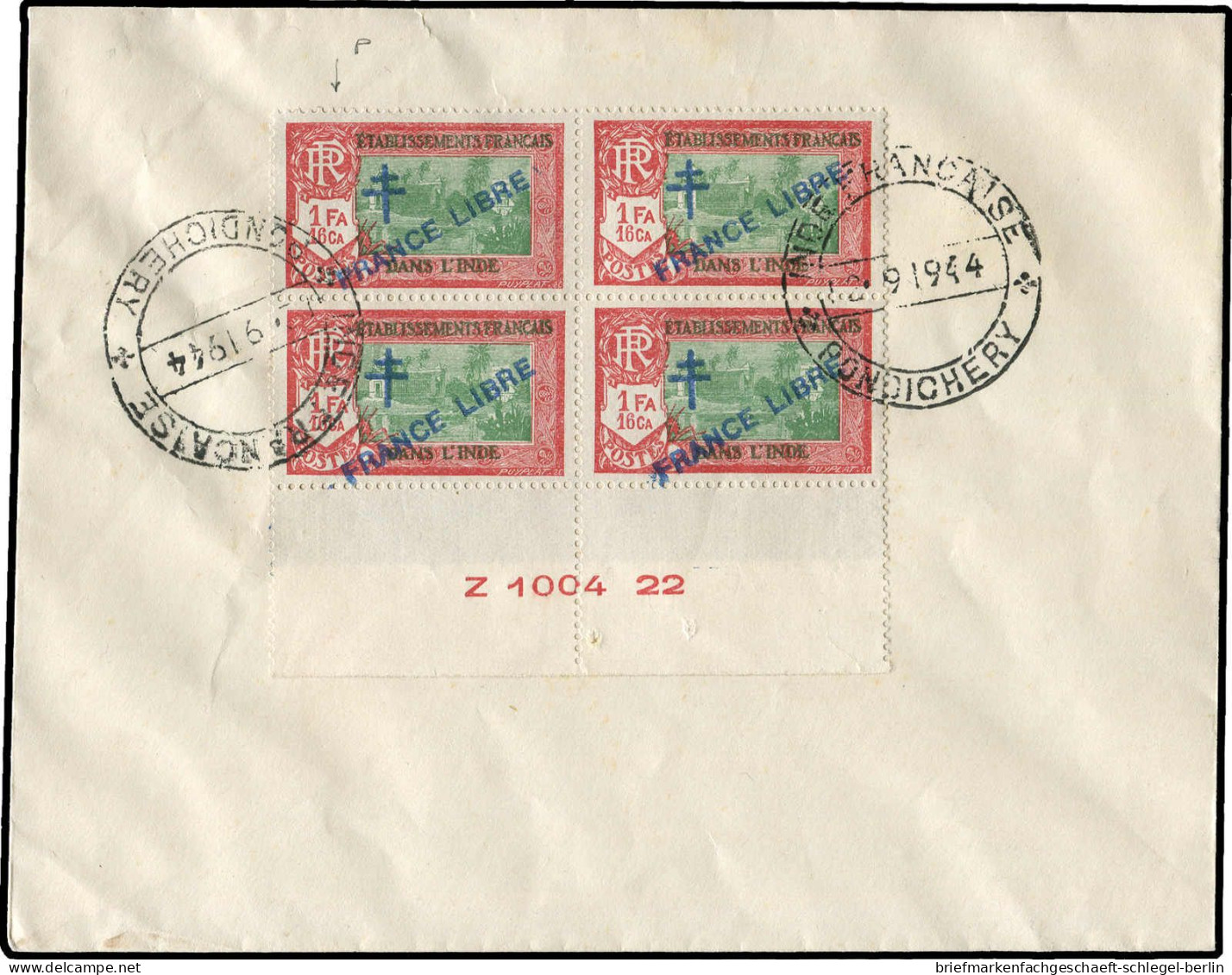 Franz. Indien, 1943, 165, Briefstück, Viererblock - Otros - Asia