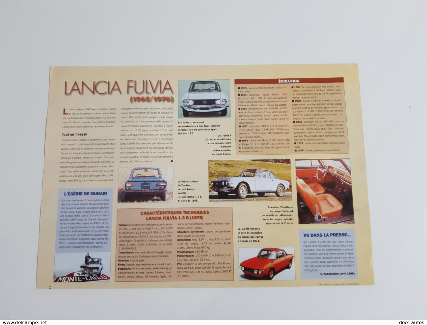 Fiche Technique Automobile Lancia Fulvia - Automobili