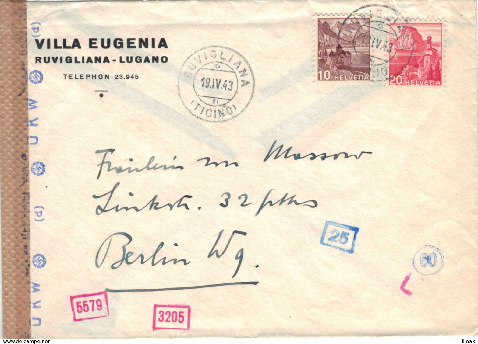 Villa Eugenia Ruvigliana Ob Lugano 19.4.1943 > Berlin - Zensur OKW - Monte Brumata - Lettres & Documents