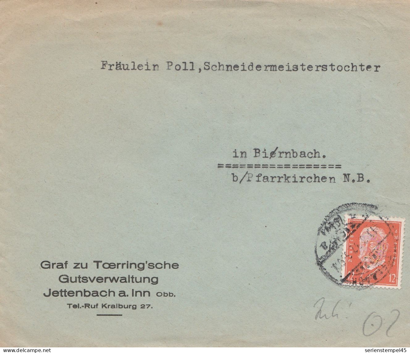 Deutsches Reich Firmen Brief Jettenbach A Inn 1932 Graf Zu Toerring'sche Gutsverwaltung Nach Birnbach - Lettres & Documents