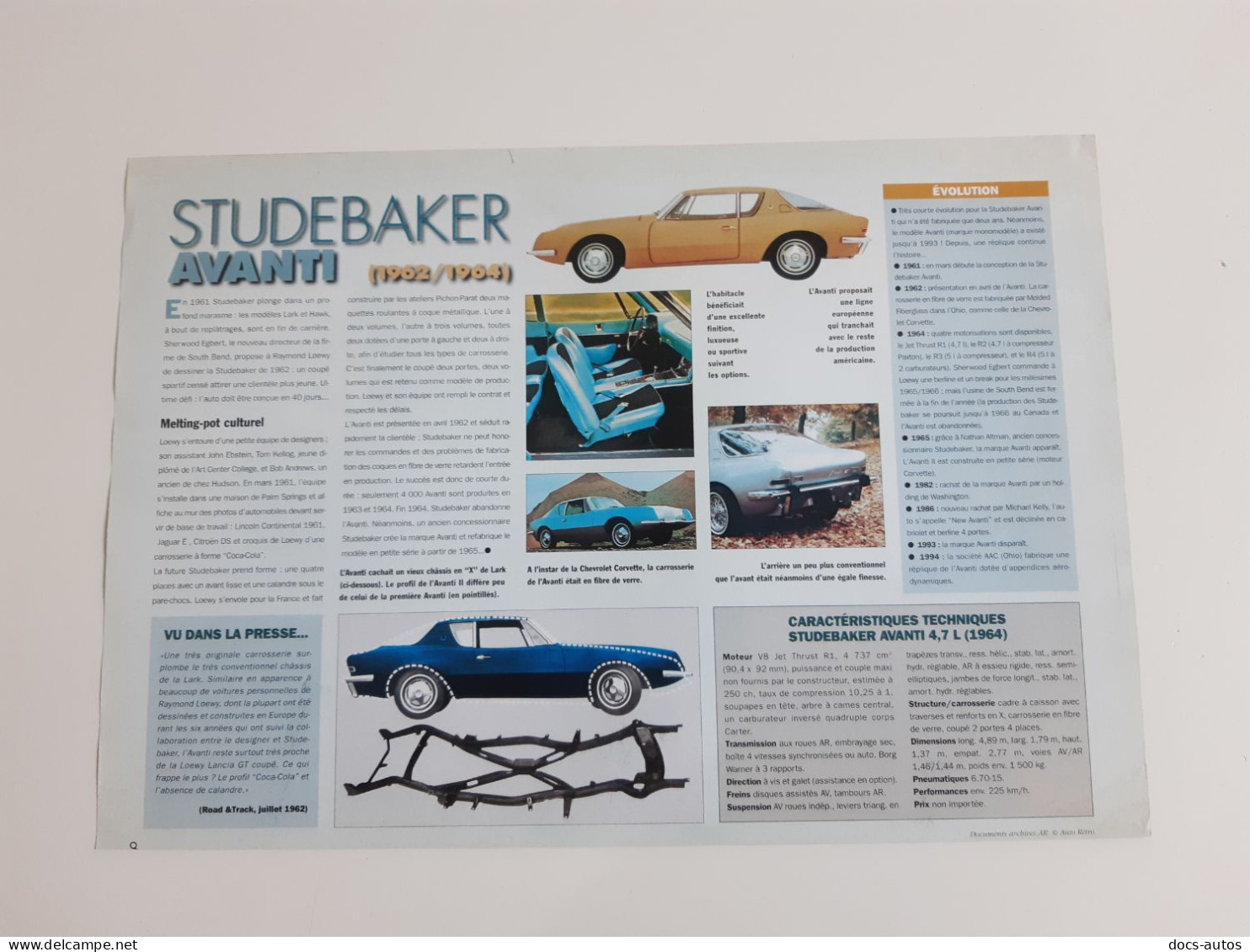 Fiche Technique Automobile Studebaker Avanti - Auto's