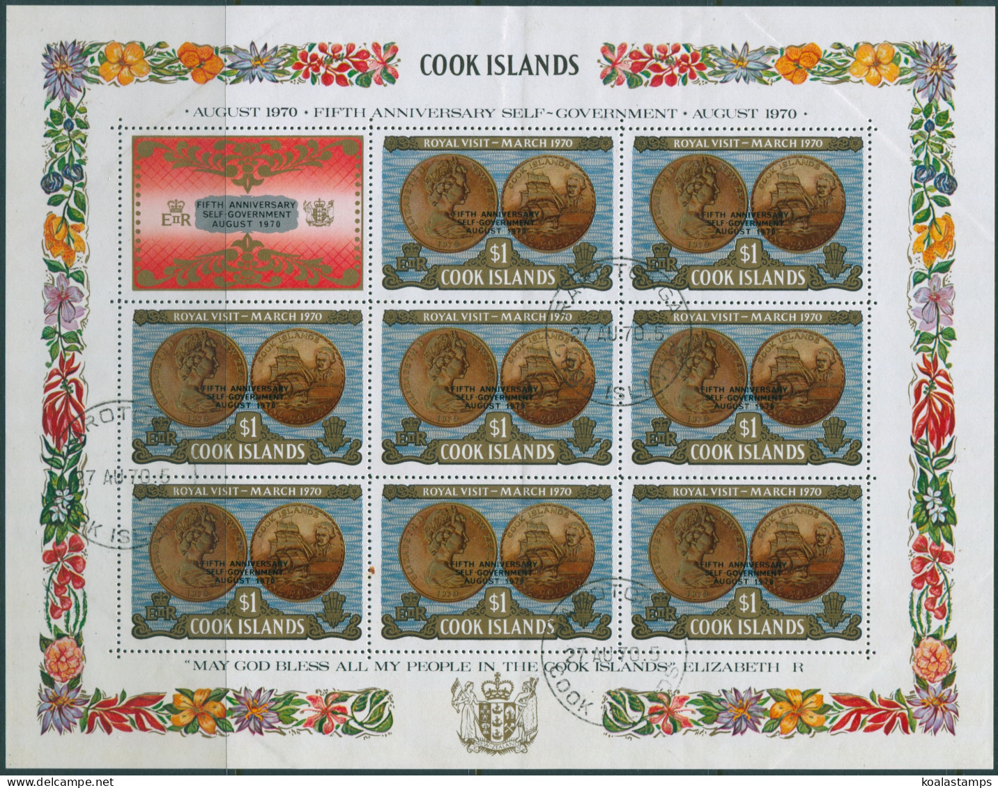 Cook Islands 1970 SG334 $1 Self-Government Ovpt Sheet FU - Cookeilanden