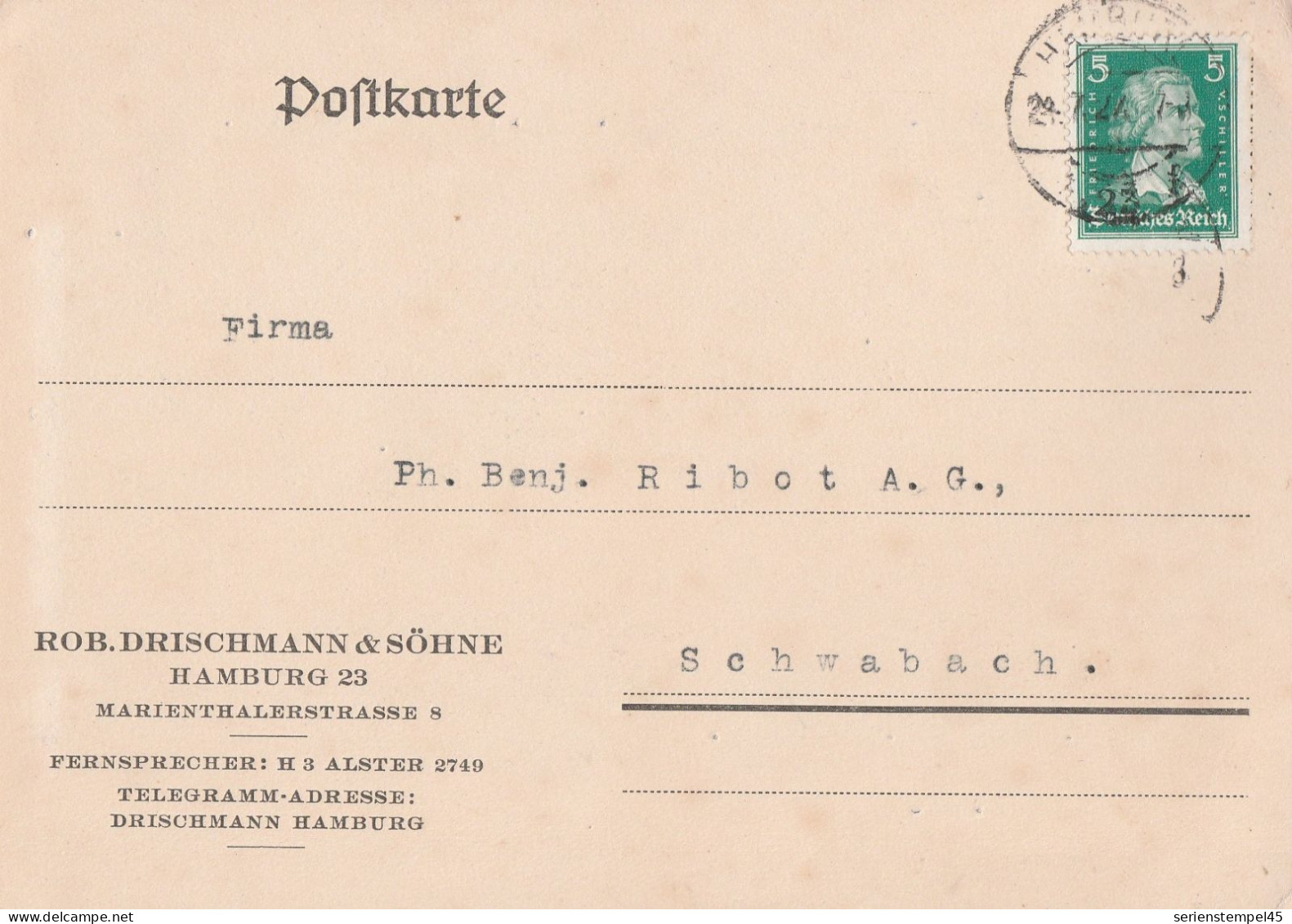 Deutsches Reich Firmen Karte Hamburg 1927 Rob Drischmann & Söhne - Brieven En Documenten