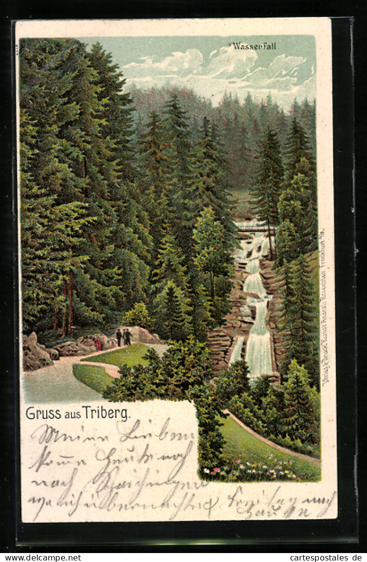 Lithographie Triberg, Wasserfall Mit Wanderern  - Triberg