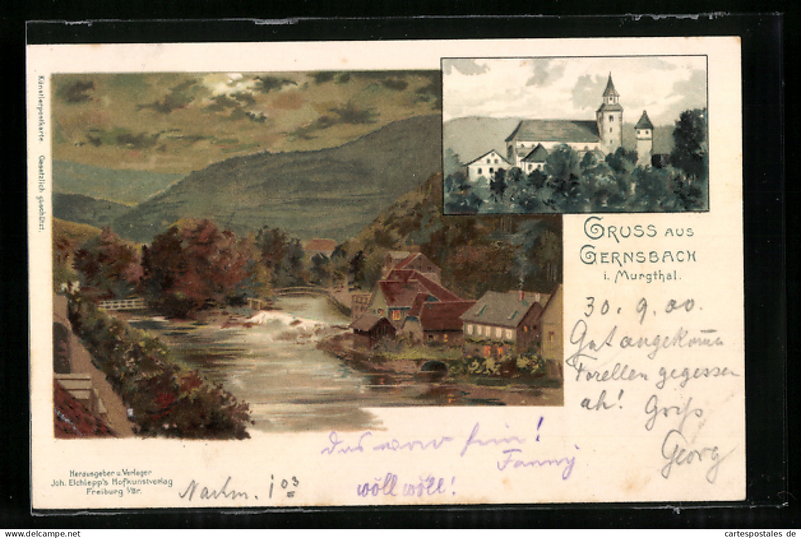 Künstler-AK Gernsbach I. Murgthal, Kirche, Uferpartie  - Gernsbach