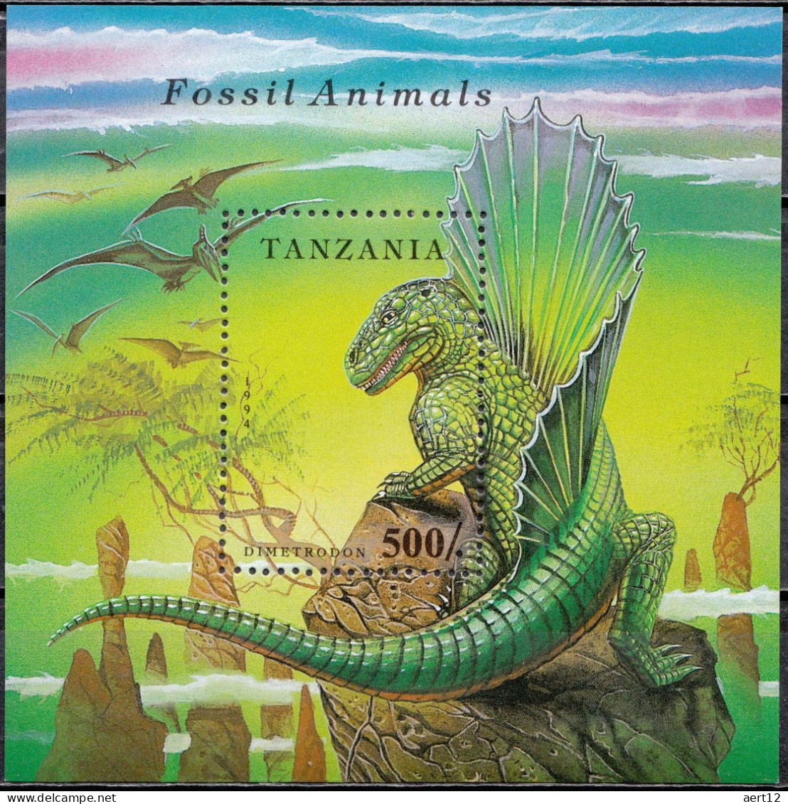 1994, Tanzania , Dimetrodon, Animals, Dinosaurs, Prehistorical Animals, Reptiles, Souvenir Sheet, MNH(**), TZ BL250 - Prehistorisch