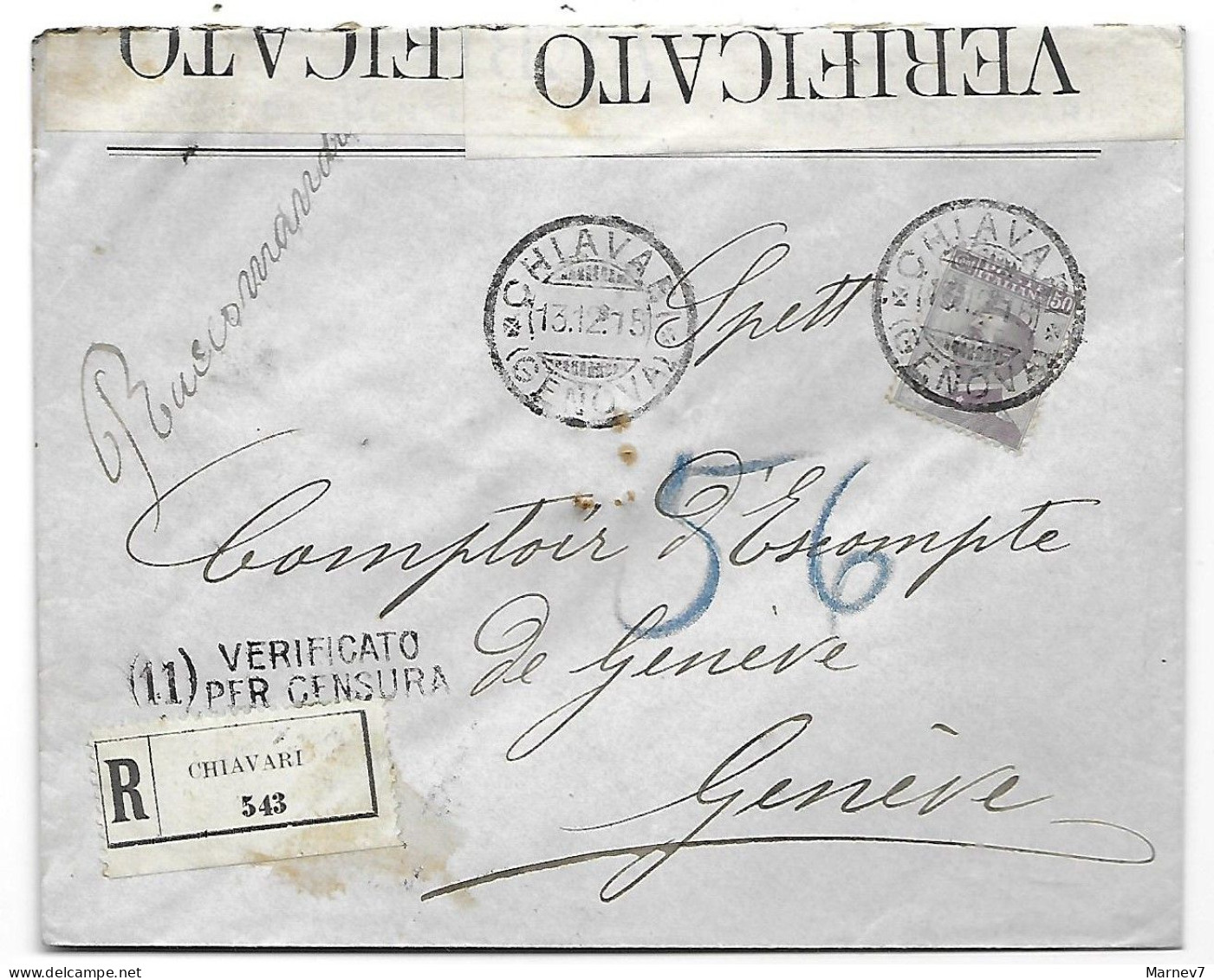 Lettre Recommandée  De CHIAVARI Italie à Genève 13 12 1915 - Censure Censurée - Verificato Per Censura (11) - - Oorlog 1914-18