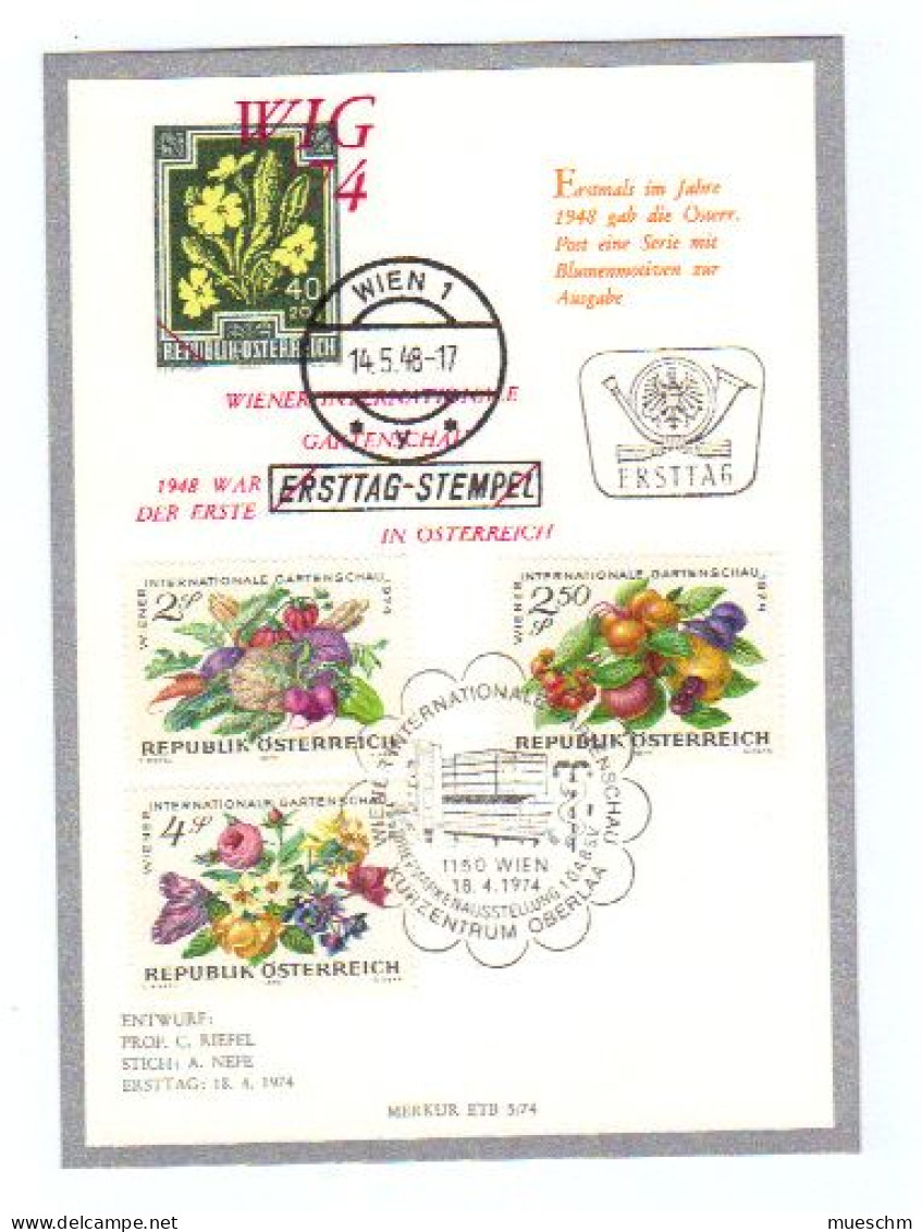 Österreich, 1974, Ersttag Satz "Wr. Intern.Gartenschau", MiNr.1444-1446 A. Karton (Merkur  ETB 5/74) (11059L) - FDC