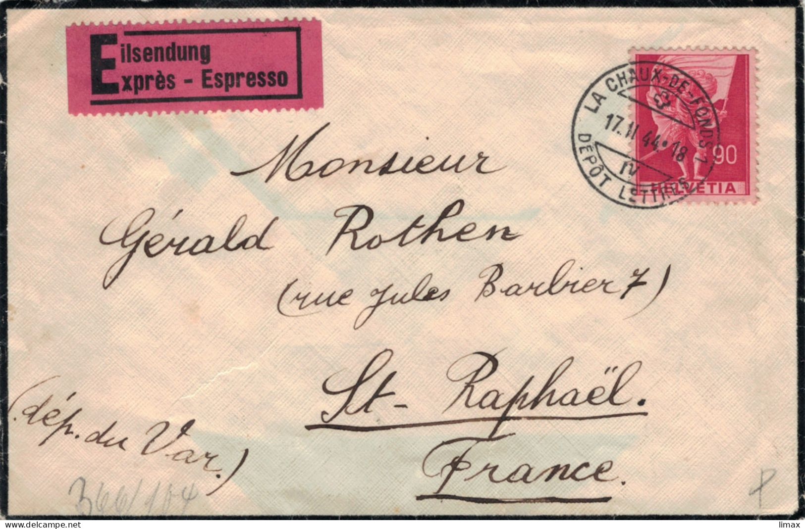 La Chaux De Fonds 1944 > Rothen St. Raphael France - Eilsendung - Zensur OKW - Storia Postale