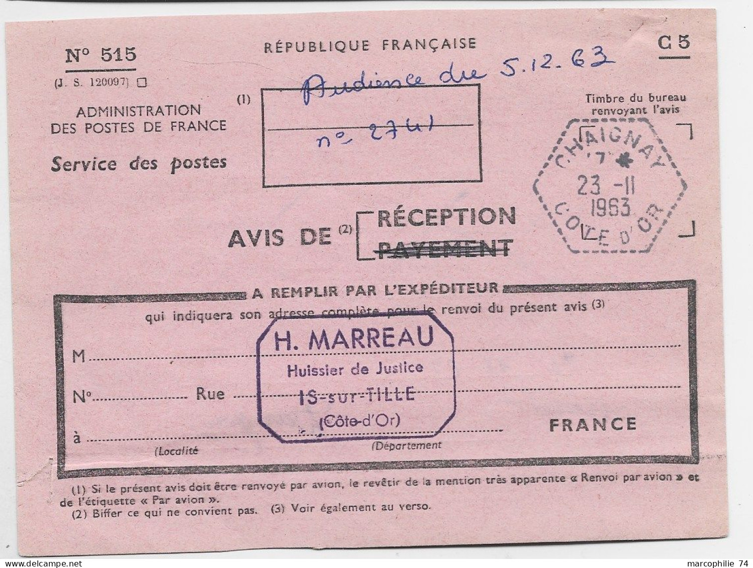 AVIS DE RECEPTION CARTE C3 C. HEX PERLE CHAIGNAY 23.11.1963 COTE D'OR + GRIFFE - Manual Postmarks