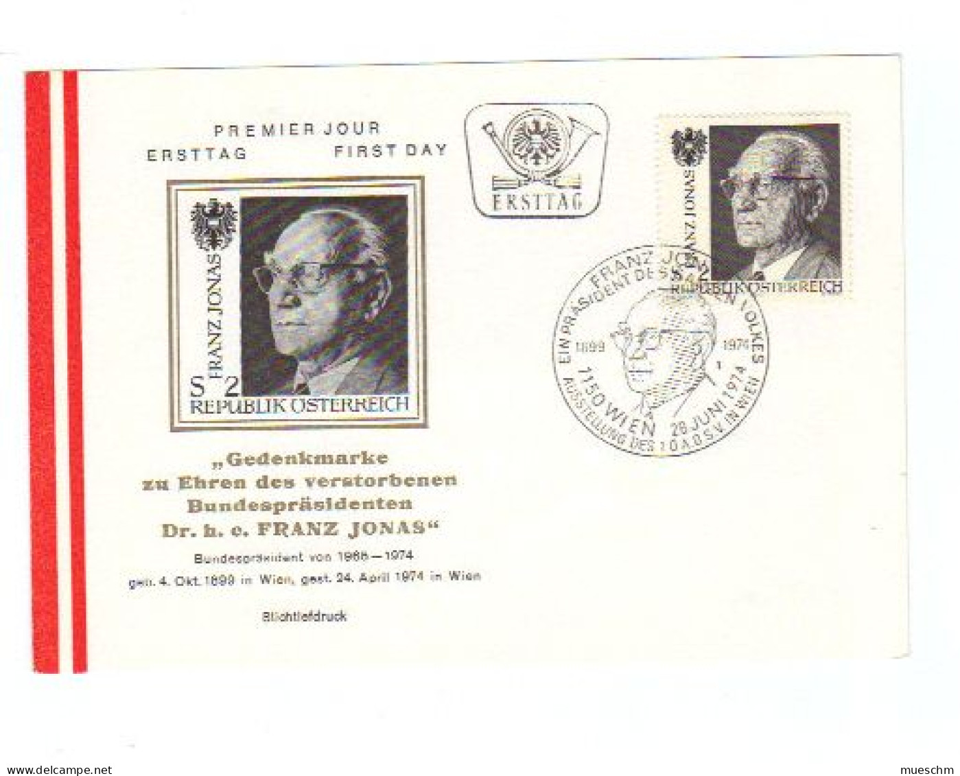 Österreich, 1974, Ersttag "Tod Von Franz Jonas", MiNr.1458 Auf Schmuckkuvert M. Zusätzl. SStpl. (11069L) - FDC