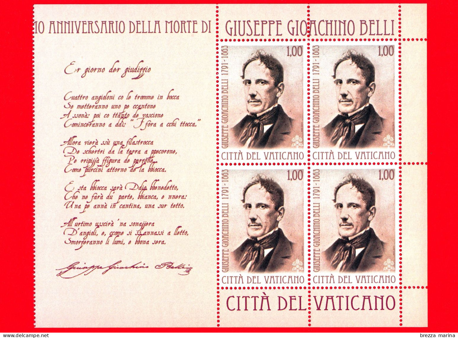 Nuovo - MNH - VATICANO - 2013 - 150 Anniv. Della Morte Di Giuseppe Gioacchino Belli - Poeta - 1.00 - Quartina - Blokken & Velletjes