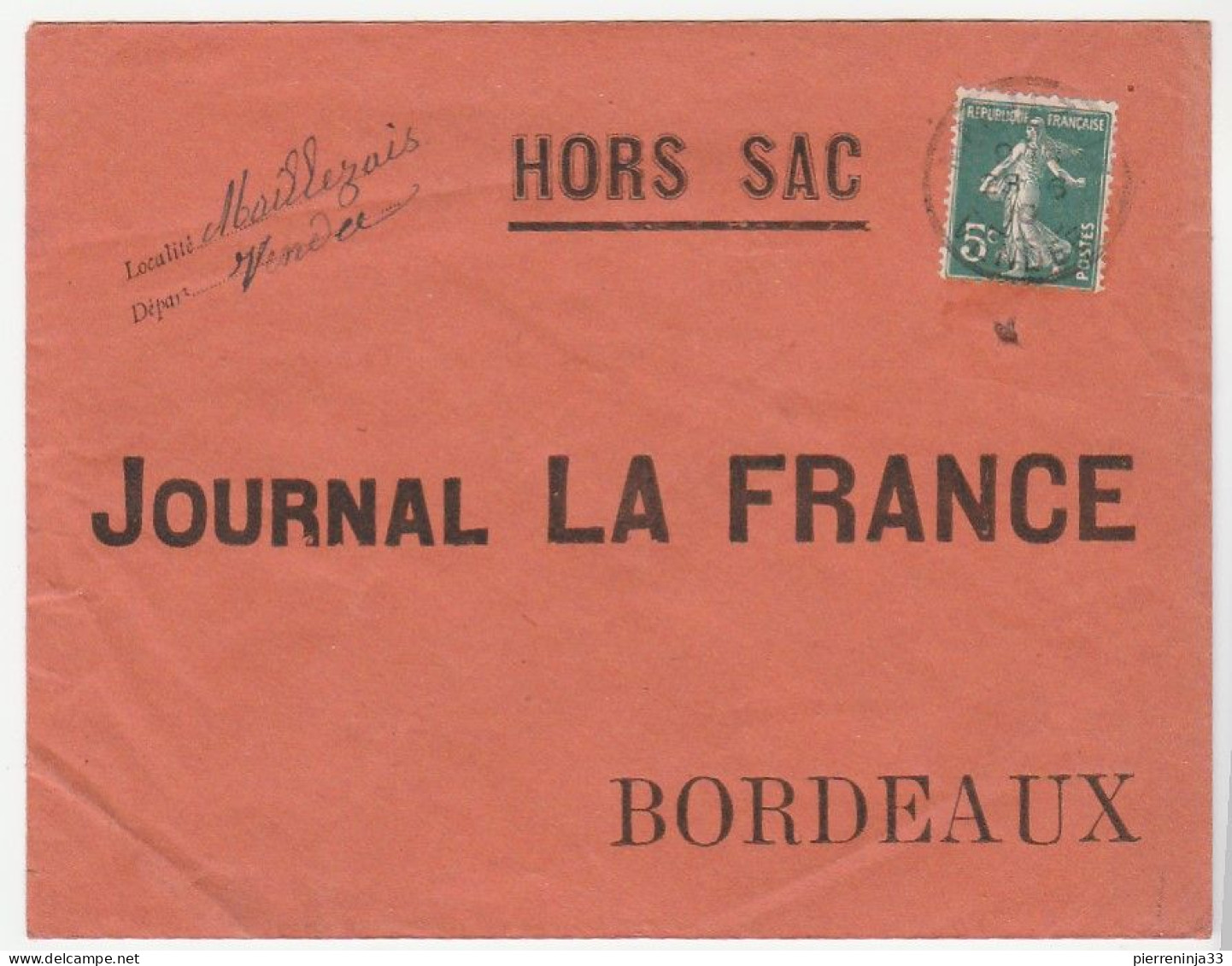 Lettre Hors Sac Avec Oblitération  Maillezais/Vendée Sur Semeuse, Journal La France,  1910 - Cartas & Documentos