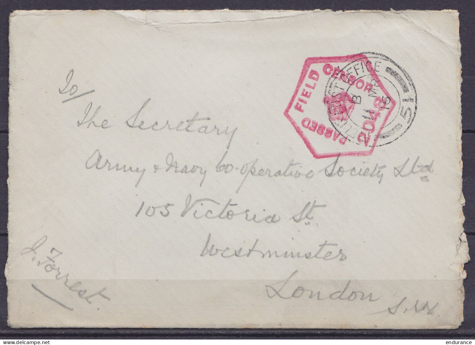 Env. De YPRES En Franchise Càd FIELD POST OFFICE /11 MR 1916 Pour WESTMINSTER LONDON - Cachet Censure Hexagon. "PASSED F - Otros & Sin Clasificación