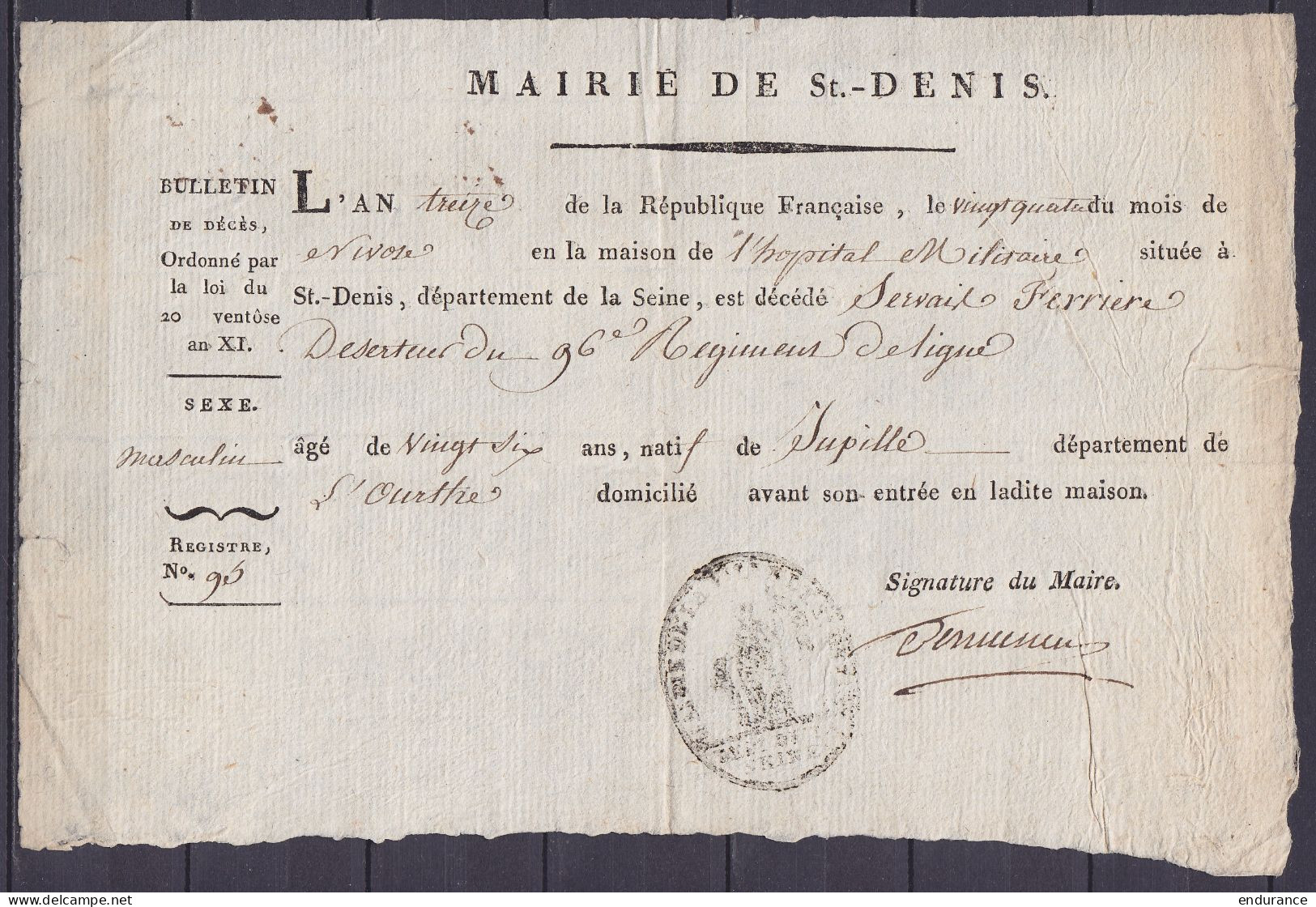 Bulletin De Décès Daté 24 Nivôse An 13 (14 Janvier 1805) D'un Déserteur Du 96e Régiment De Ligne - Mairie De ST-DENIS - Documents