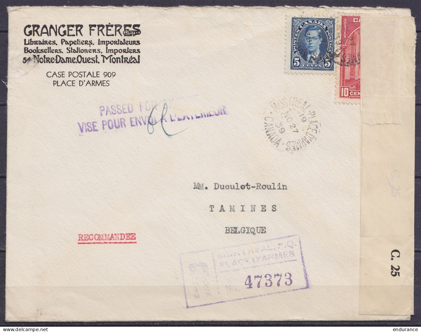 Canada - Env. Recommandée "Librairie Papeterie Granger" Affr. 15c Càd "MONTREAL - PLACE D'ARMES /NO 27 1939/ CANADA" Pou - Covers & Documents