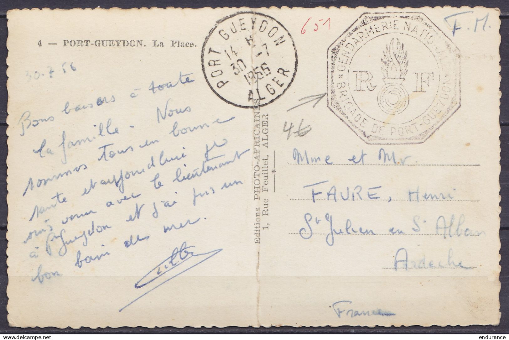Algérie - CP Port-Gueydon En Franchise F.M. Càd PORT GUEYDON /30-7-1956/ ALGER Pour ST-JULIEN EN ST-ALBAN Ardèche - Cach - Lettres & Documents