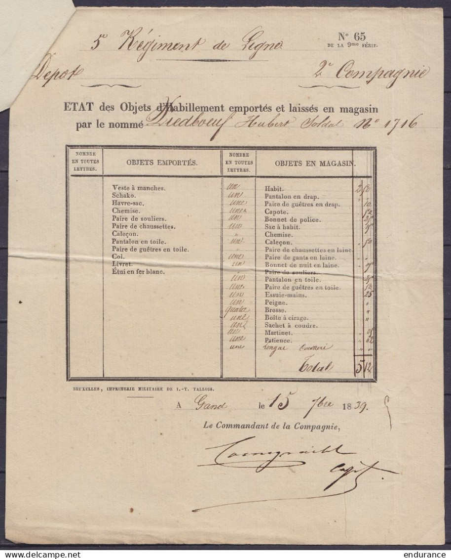 Etat D'un Milicien De JUPILLE De La Classe 1831 établi à GAND 15 Septembre 1839 - 5e Régiment De Ligne - Documenten