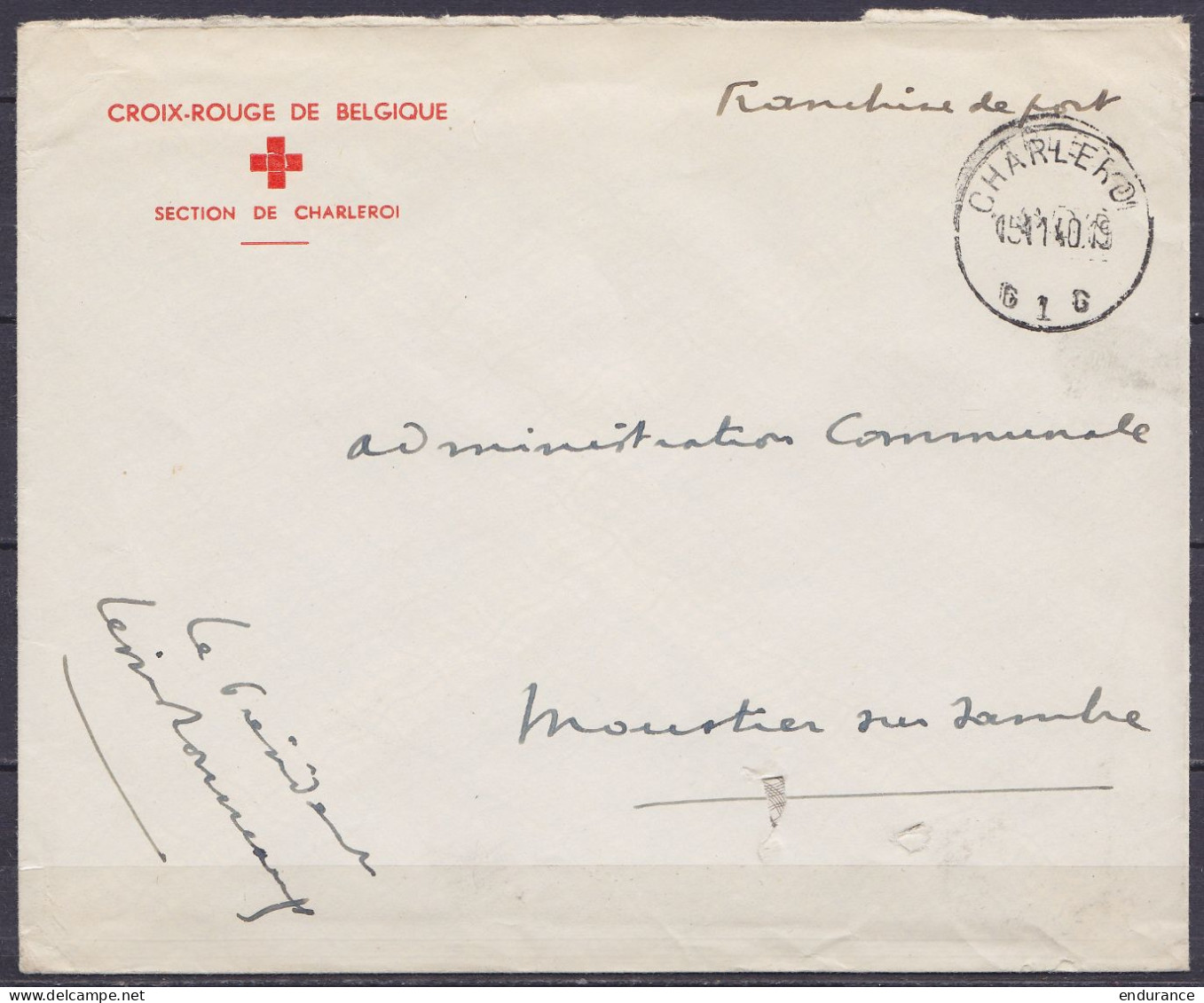 Env. "Croix-Rouge De Belgique" En Franchise Càd CHARLEROI /15-11-1940 Pour MOUSTIER-SUR-SAMBRE - Guerre 40-45 (Lettres & Documents)